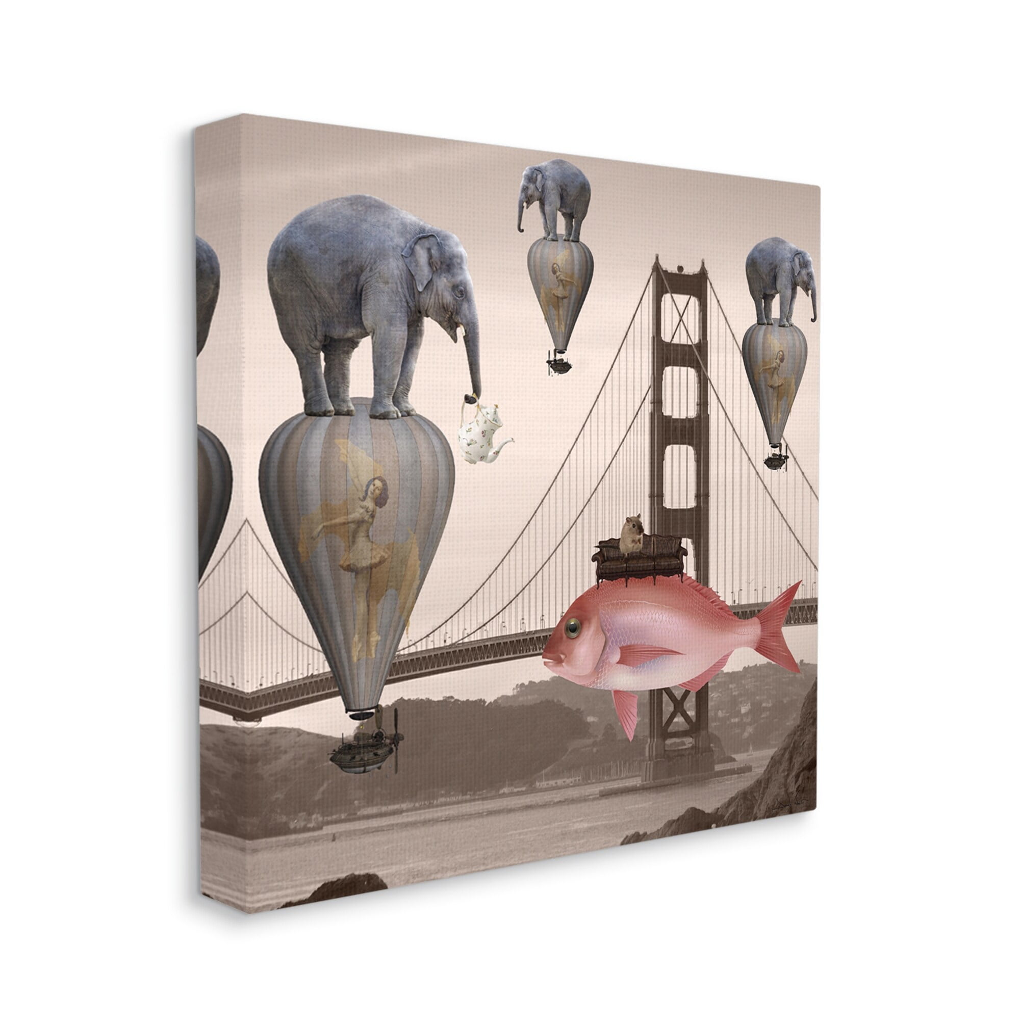 Surreal Elephant Fish Balloons Golden Gate Bridge Water Animals & Insects Graphic Art Gallery-Wrapped Canvas Print Wall Art