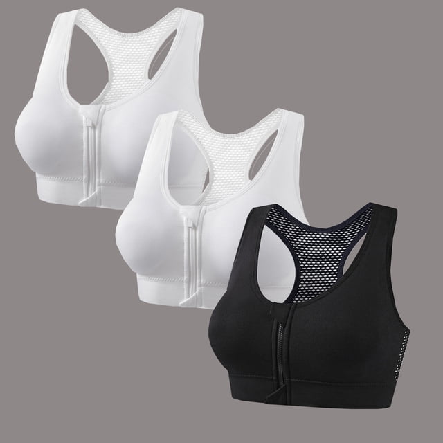huilin 3Pack Women's Wireless Zip Front Cross Back Push Up Sports Bra - Solid Color