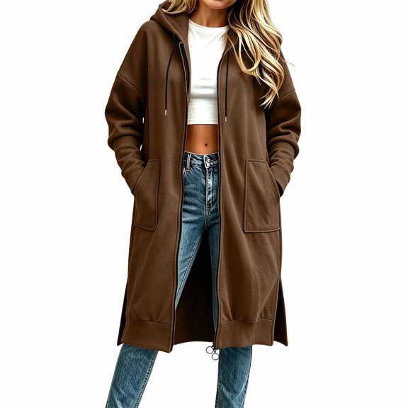 QIYAGBSA Hoodies for Women Long Zip Up Hooded Sweatshirt Side Slits with Pockets Casual Fall (Coffee, S)