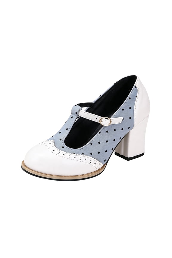 Women's Two Tone Polka Dot T-Strap Mary Jane Heels,1950s Vintage Brogue Wingtip Chunky Block Heel Oxford Pumps,Round Closed Toe Lolita Dress Shoes for Office & Party & Daily Wear White 5