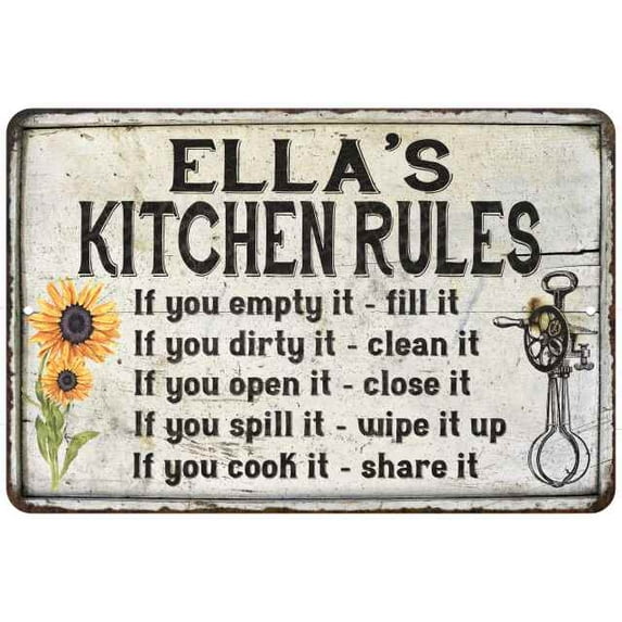 Ella's Kitchen Rules Chic Sign Vintage Decor 12 x 18 Matte Finish Metal 112180032213