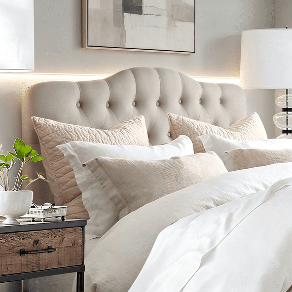 Adjustable Heigh Headboard with Linen Upholstery and Button Tufting for Bedroom,King,Natural Linen