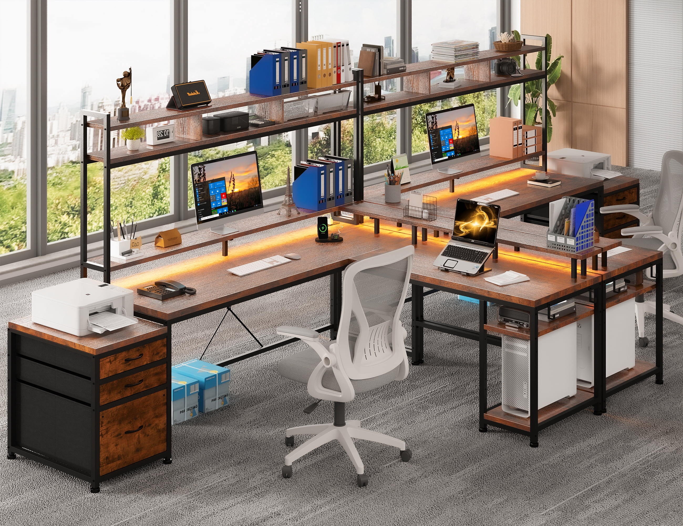 EnHomee 63" L Shaped Desk with Power Outlet & LED Lights Reversible Computer Desk for Home Office Rustic Brown