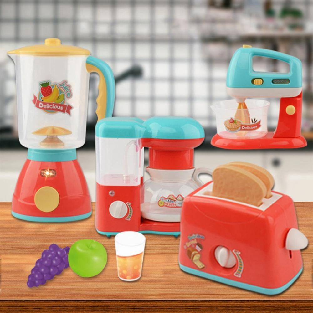 JOTOL Ensemble d'ustensiles de cuisine pour enfants - Avec machine à café avec son et lumières, mixeur, centrifugeuse, grille-pain, fruits et tablier, accessoires de cuisine pour enfants