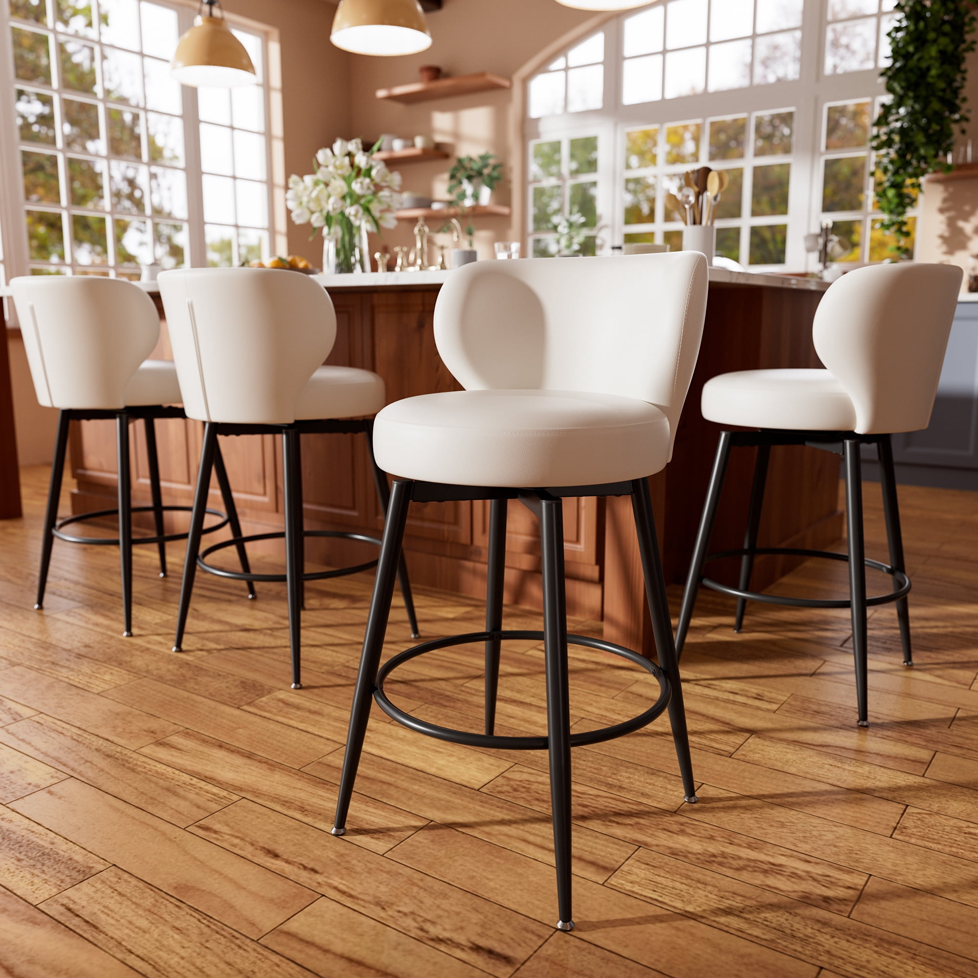HomeZeer Bar Stools Set of 4, 26" Counter Height 360° Swivel with Low Back, PU Leather Upholstered Round Seat, 300lb Capacity Metal Legs for Kitchen Island, Dining& Bar, White