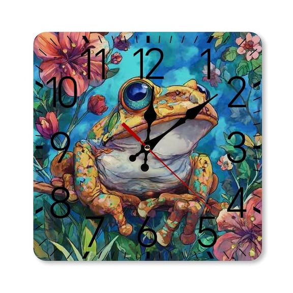 RKSupls 10×10inch Square Silent Wall Clock Wooden Frame, Frog Flowers Branch Scale Decorative Clock for Home Bedroom Living Room Office