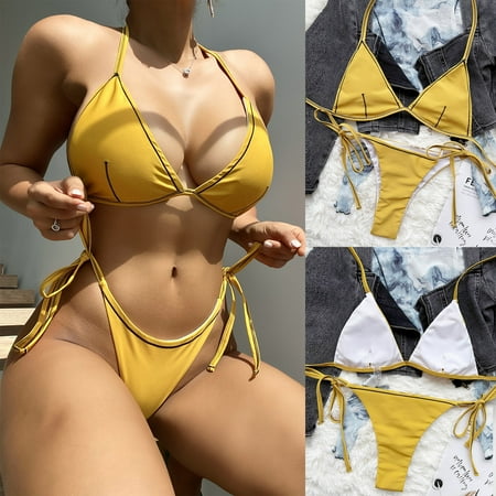 New & Trending  Women s Solid Set Swimsuit Two Piece Filled Bra  Beachwear  Bralette  Comfortable Fit  Full Coverage  Quick Dry  UV Protection  Fashionable Design  for Women  Swimwear Set | Yellow S