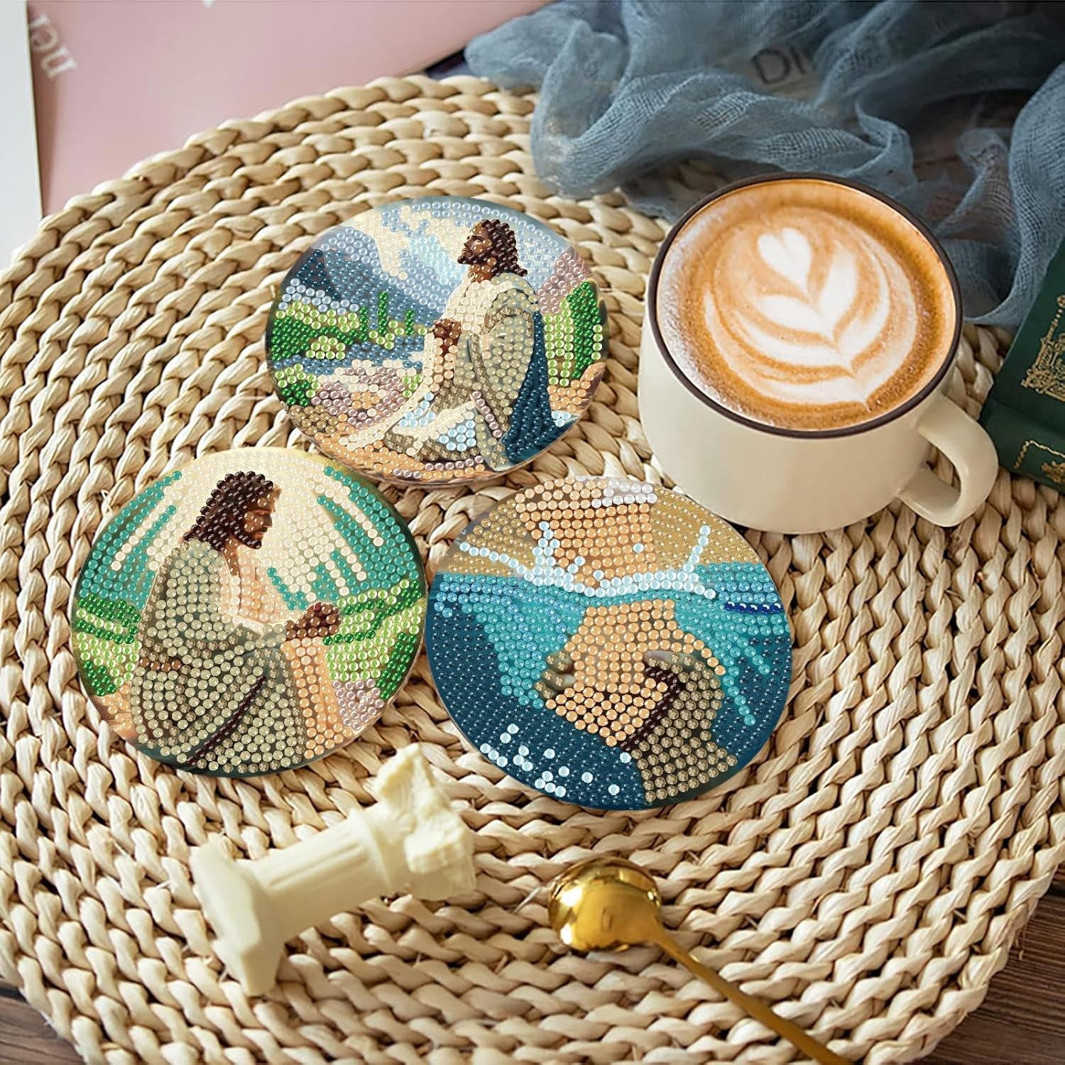 8 Pcs Jesus Diamond Art Coasters Kits with Holder, Sunrise Religious Diamond Painting Coasters Kits for Adults, DIY 5D Diamond Dots Small Mini Kit Full Drill Art Craft Supplies 4X4 Inch