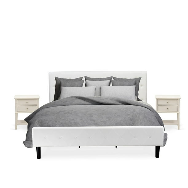 Nl19k 2vl0c 3 Piece King Size Bed Set On Tufted Frame White Velvet Fabric Upholstered Headboard And A Wire Brushed Er Cream Finish Nightstand Com Bed Set On Tufted Frame, Black Upholstered King Bed Set