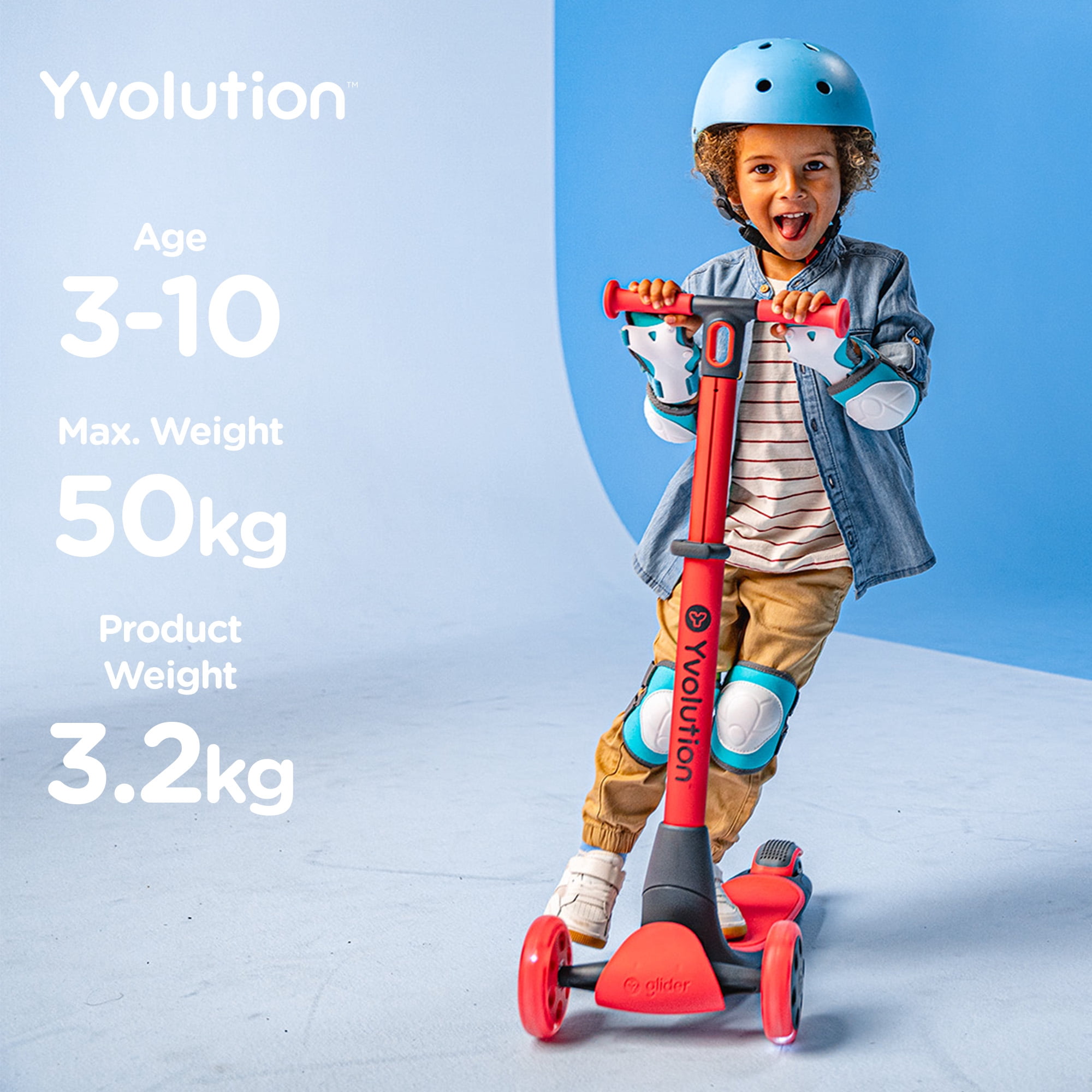 Yvolution Glider Nua Red 3-Wheel Kids Scooter Light-up Wheels Adjustable for Boys or Girls Age 3+