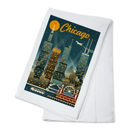 Chicago, Illinois - Retro Skyline - Lantern Press Artwork (100% Cotton Kitchen (Best High Tea In Chicago)