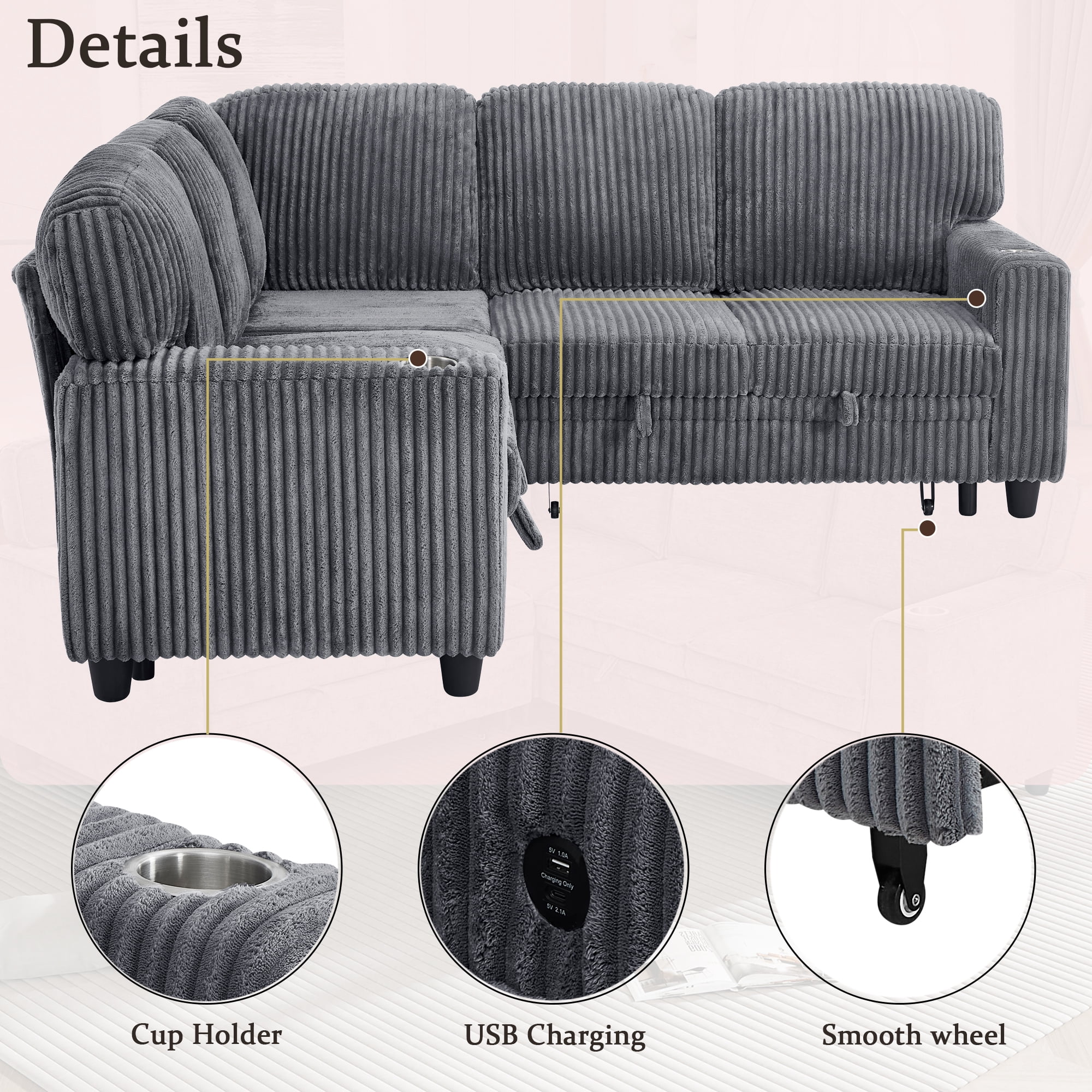 Convertible L-Shaped Sectional Sofa Set w/ Pull-Out & Storage Seat, 5-Seat Corduroy Sleeper Bed Couch w/ Charging & Cup Holder Design