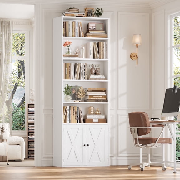 Hiphuta 82.3" Tall Bookcase with Doors, 5-Tier Bookshelves with Storage, 23.6"W Display Shelf with 2 Doors for Home Office, Living Room, White