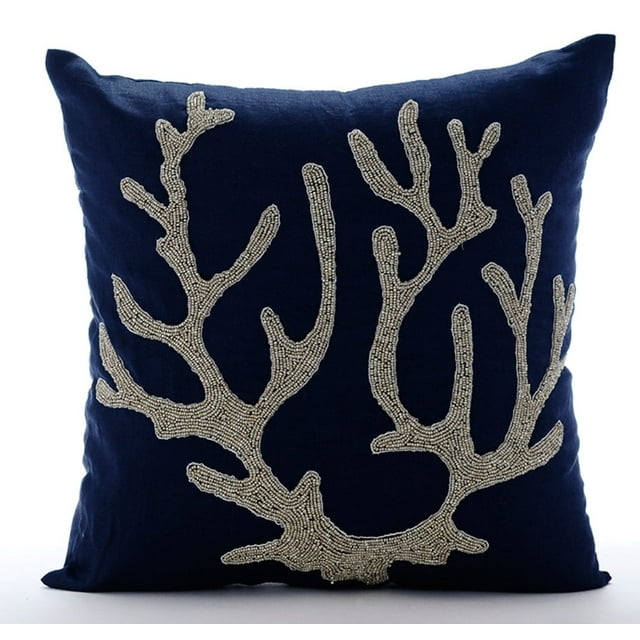 The HomeCentric Custom Pillow Case, Pack of 2, 12x12 Inches Square Decorative Throw Pillow Cover Navy Blue Linen Pillow Cover With Bead Embroidery Easter - Sea Weed At The Shore