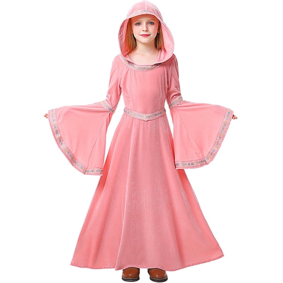 Odeerbi Kids Girls Vintage Velvet Dress Medieval Embroidered Bell Sleeve Hooded Dress with Belt