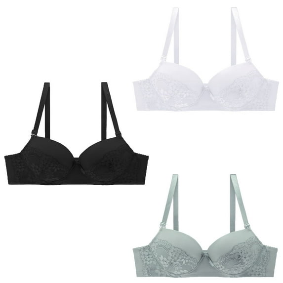 Monfince Women's Sexy Lace Bra Underwire Balconette Unlined Plus Size, 3 Packs, Black+White+Green, 90C
