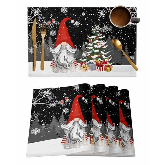 Placemats Set of 8, Black Red Christmas Woven Placemat, Linen Place Mats for Kitchen/Dining Tables, Gnomes Xmas Tree Snowflake Winter Gifts Washable Table Mats for Party