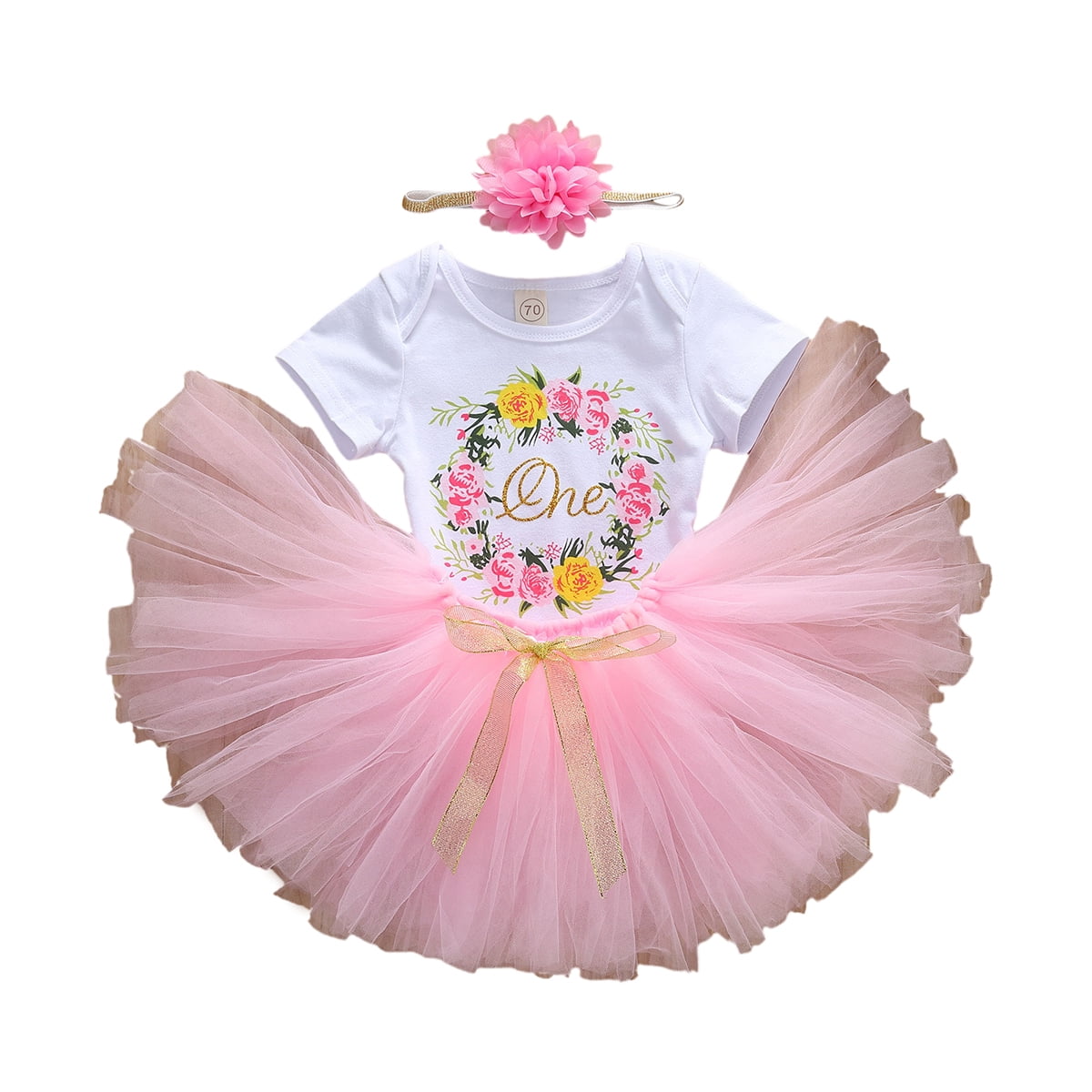 3Pcs Infant Baby Girl Birthday Outfit Floral Print One Romper Bodysuit Tops+Tutu Skirt Dress+Headband Clothing Sets