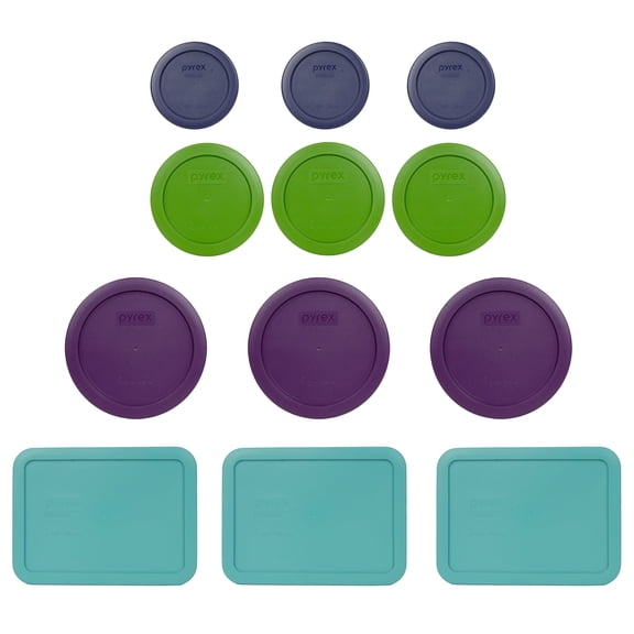 Pyrex (3) 7202-PC Blue, (3) 7200-PC Green, (3) 7201-PC Purple, and (3) 7210-PC Turquoise Plastic Lids