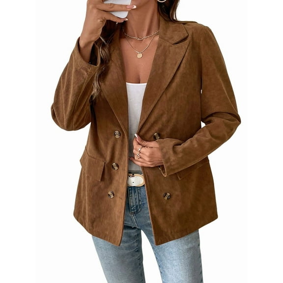 Women'S Casual Corduroy Blazer Jacket Elegant Notched Lapel Single Breasted Suit Jacket Tops Coffee Brown XL
