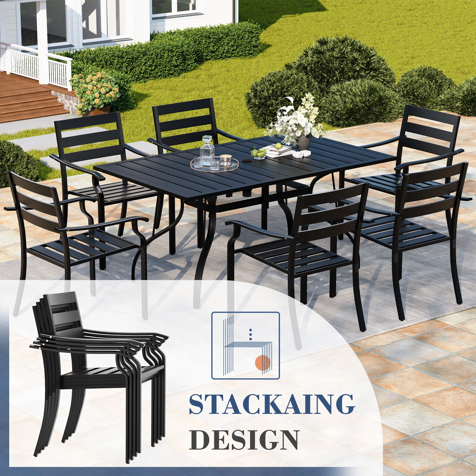 HOMREST 7 Piece Outdoor Patio Dining Set for 6, 63" Rectangular Metal Table with Umbrella Hole and Storage Shelf, Stackable Steel Chairs, Large Patio Furniture Set for Deck/Backyard/Poolside/Garden