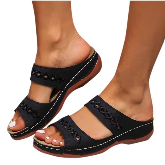 LOVZFMLL Women's Slide Sandals Summer Casual Vintage Open Toe Slippers Comfort Walking Soft Beach Slides Slip On Outdoor Black 8.5