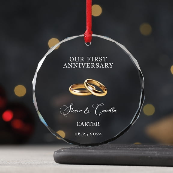 Our First Anniversary Glass Ornament Personalized 1st Year Wedding Keepsake for Couple, Custom Photo Marriage Celebration Gift