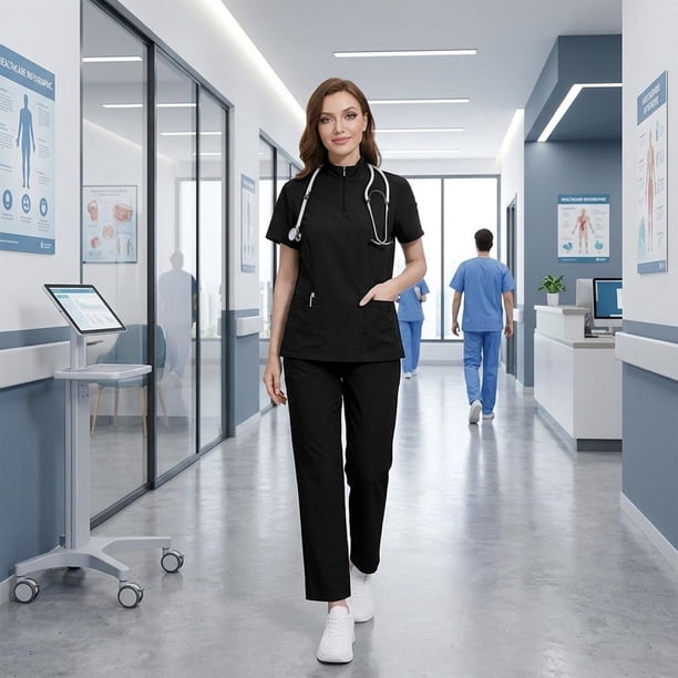 Conjunto de uniforme de enfermera: blusa y pantalón quirúrgicos para el sector sanitario, cosmetología y peluquería de mascotas. S Negro
