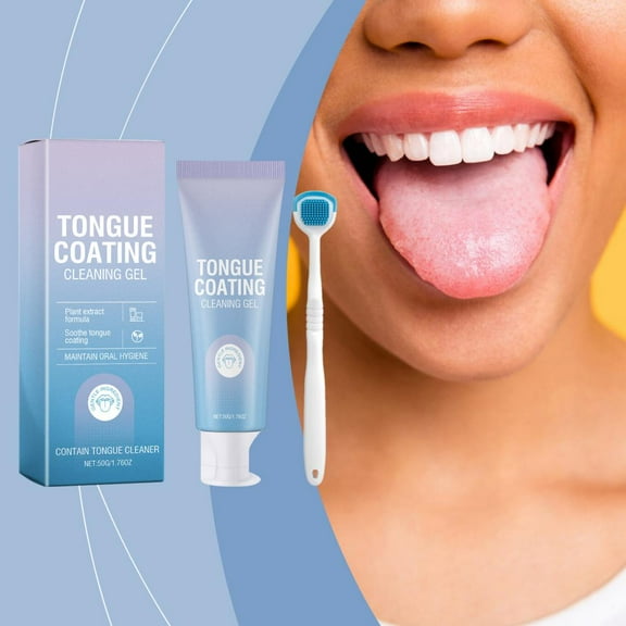 TUITOONM Tongue Cleaning Gel & Scraper Set Complete White Tongue Coating Removal Kit, Fresh Breath Solution with Natural Mint Formula, Includes 1.76 oz Gel & Brush