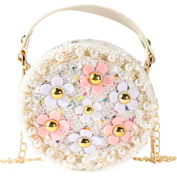 Monedero cruzado para niña con flores de perlas, minibolsos de princesa lindos