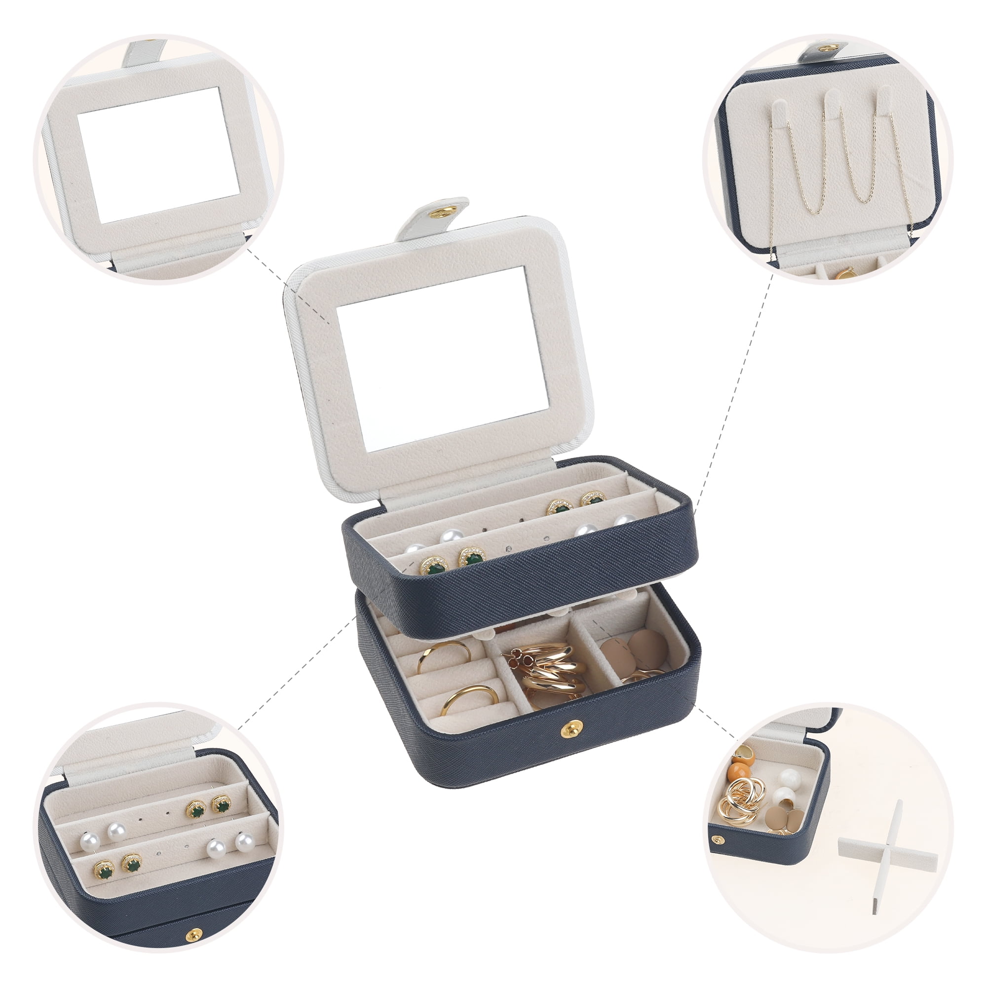 Unique Bargains 2 Layer Jewelry Box with Mirror PU Leather Jewelry Organizer Case Blue