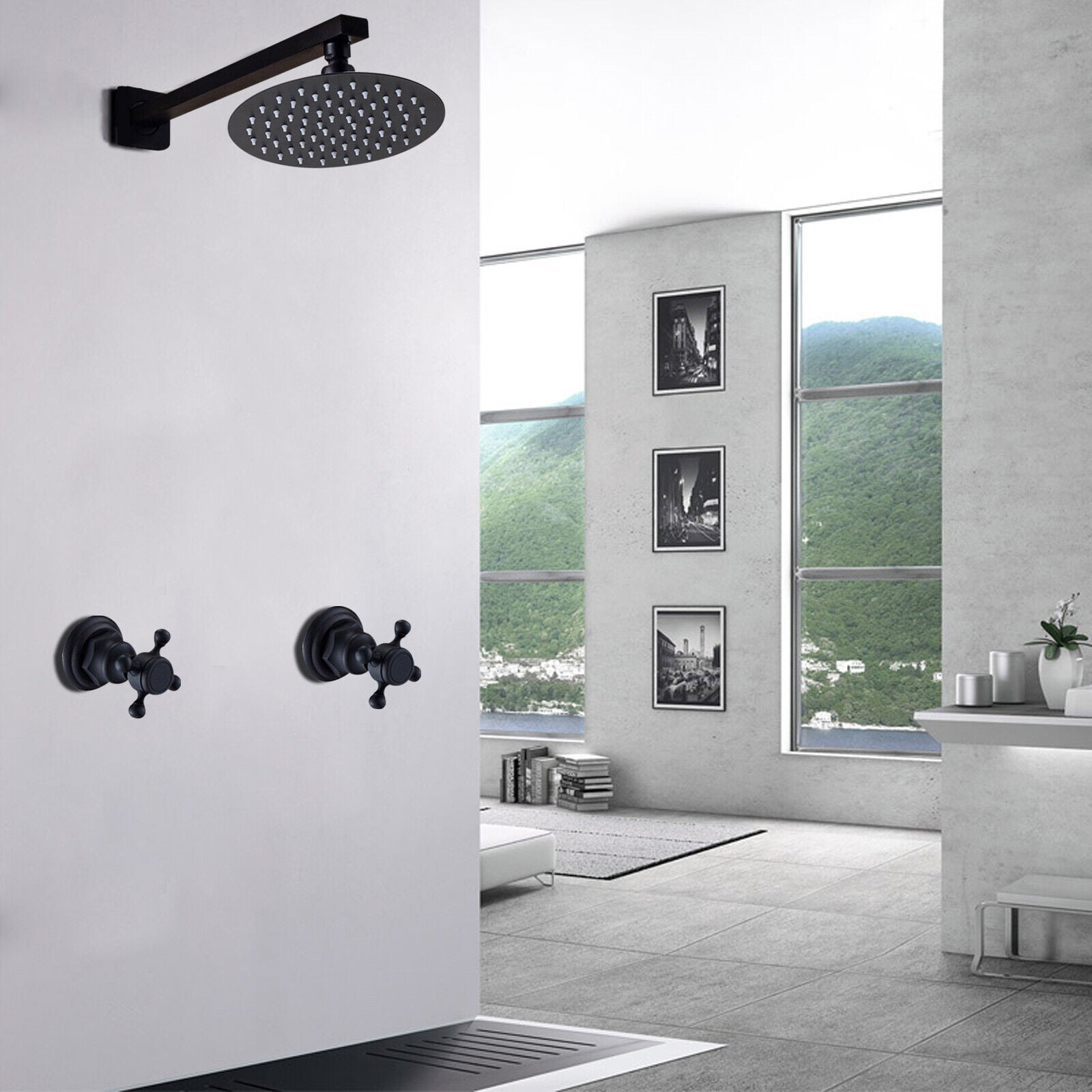 Black Shower Faucet System Set 8" Rainfall Tub Spout with Mixing Valve 2 Handles 8"Shower Faucet Set System Rain Head Combo Kit w/Mixer Valve Wall Mount 2-Handle 8"Rainfall Shower Head Round Stainless