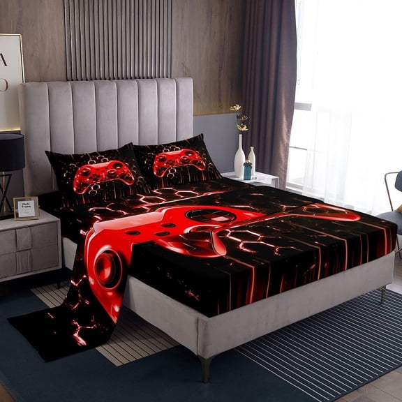Erosebridal Neon Red Gamepad Bed Sheets Set Twin Size, Gradient Lines Bedding Sets Twin Size, Gamer Room Decorative 3 Pieces