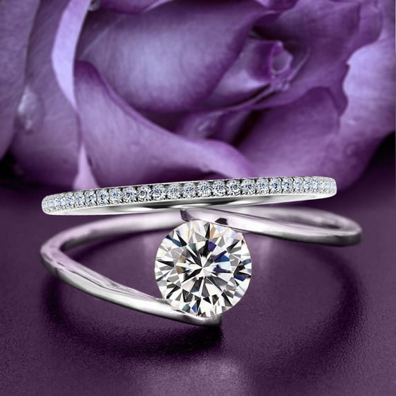 Solitaire 1.50 Carat Round Cut Diamond Moissanite Unique Engagement Ring, One Matching Band Wedding Ring in 10k Solid White Gold Band, Gift For Her, Promise Ring, Anniversary Ring, Bridal Set