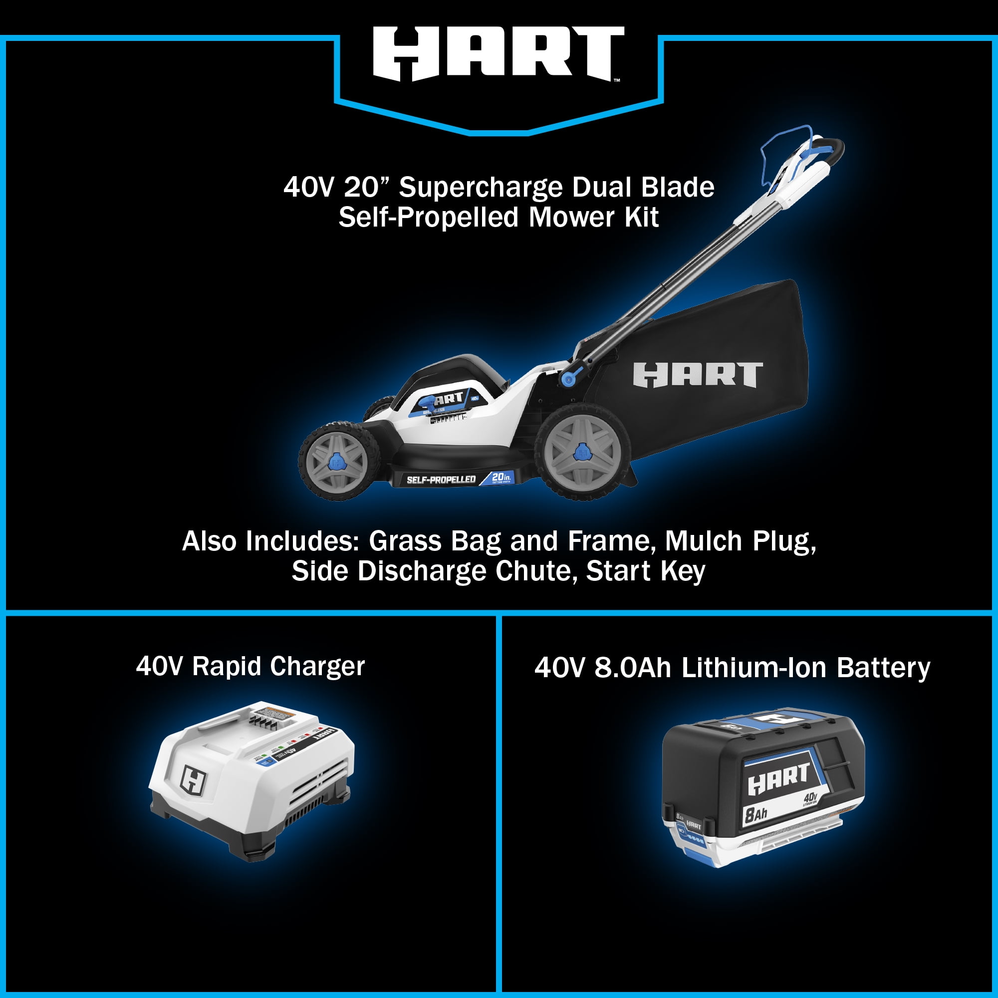 HART 40-Volt 20-inch SUPERCHARGE Dual Blade Self-Propelled Mower Kit, (1) 8.0Ah Lithium-Ion Battery