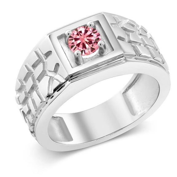 Gem Stone King 925 Sterling Silver Men's Ring Round Pink Moissanite 0.50cttw (Size 11)
