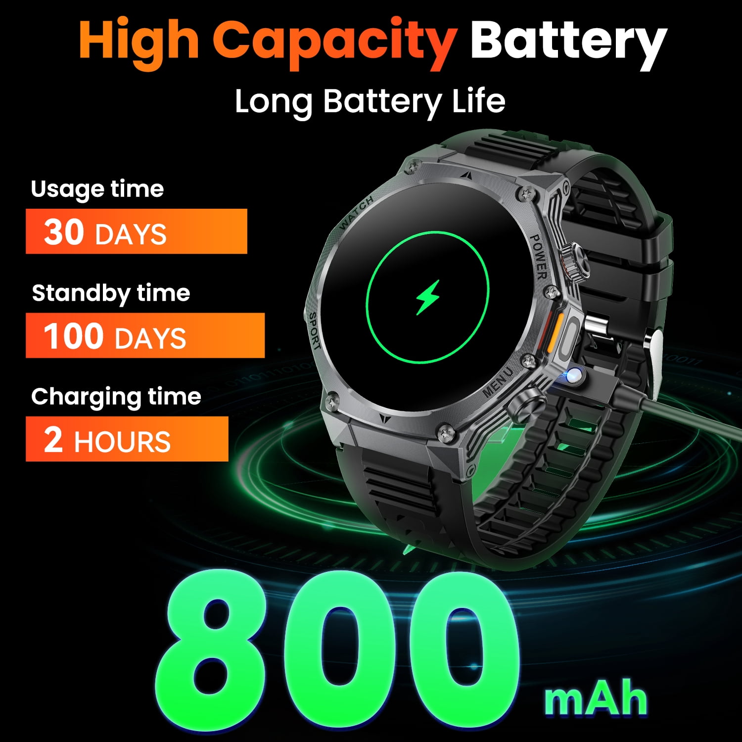 1.8-inch Military Men's Smartwatch fits for Android IPhone Devices with Fitness Tracker, Answer/Call/100 Multi-Sport Mode, IP67 Waterproof Sports Step Tracker (Black)