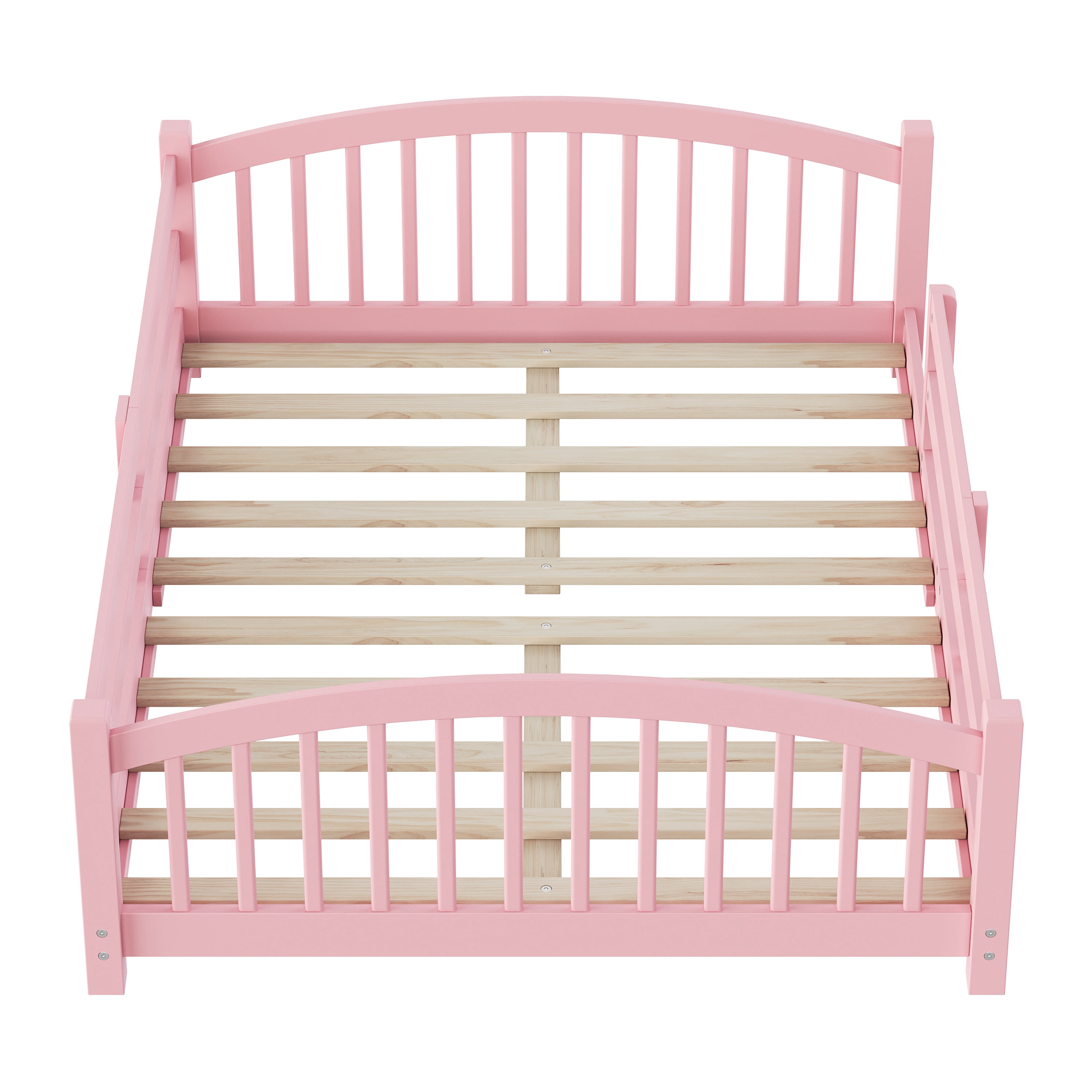 Harper & Bright Designs Full Montessori Floor Bed with Safety Guardrails, Solid Wood Floor Bed with Fence for Girls and Boys Bedroom, Pink