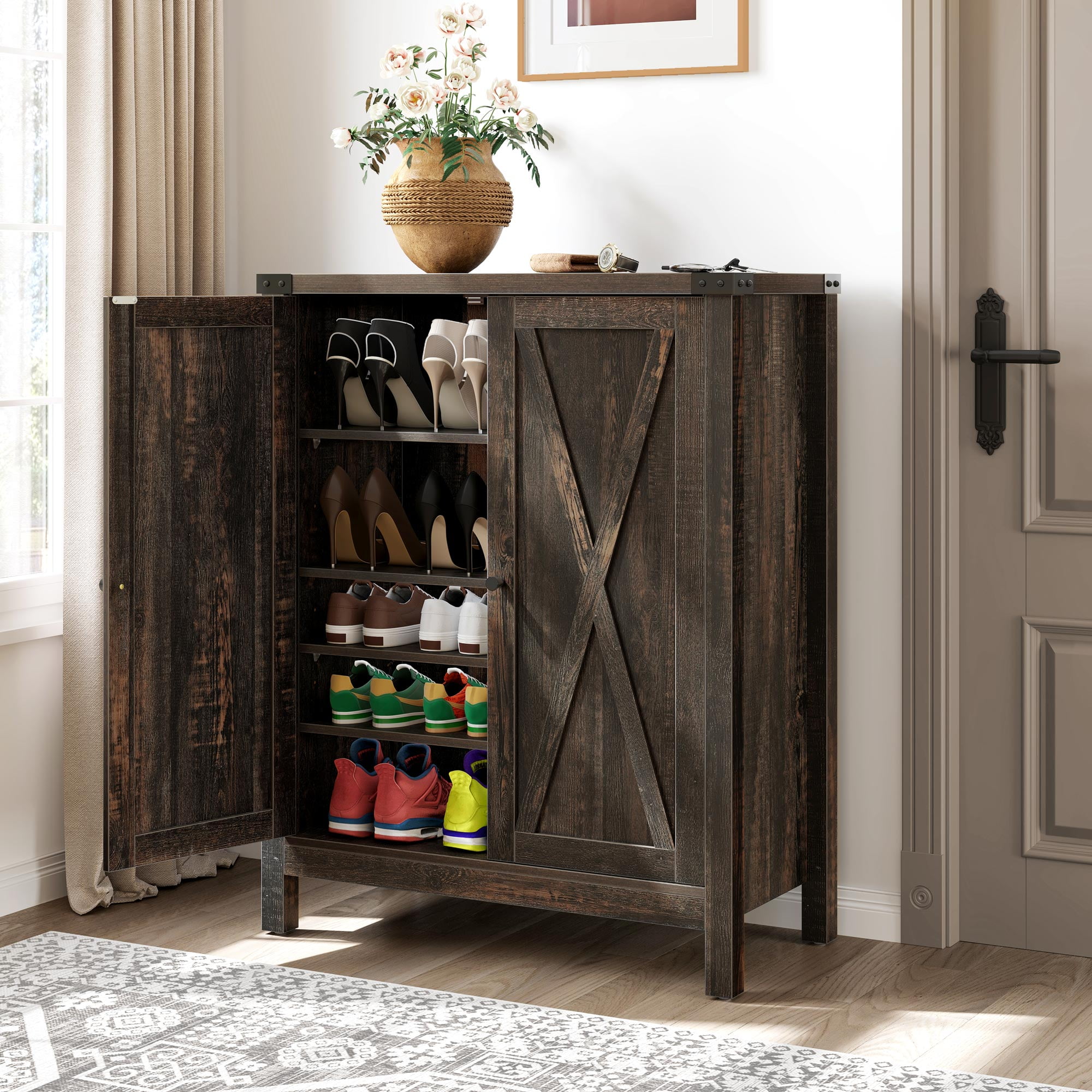 YITAHOME Farmhouse Shoe Cabinet with Barn Doors, 5-Tier Shoe Storage