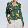 thumbnail image 4 of Womens Mardi Gras Shirts Sparkly Carnival Long Sleeve Tunic Tops Mask Print V Neck Green Graphic Tee Green 2XL, 4 of 7