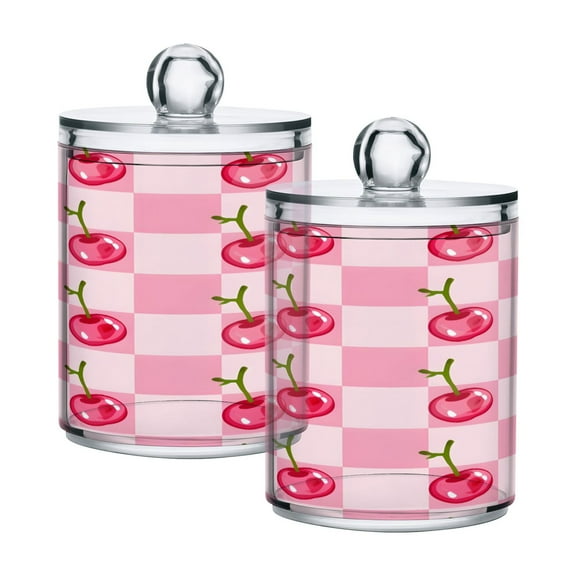 Ryvnso 2 Pack Qtip Holder Organizer Cherry in Checkered Pattern Bathroom Cotton Swabs Cans Storage Canister