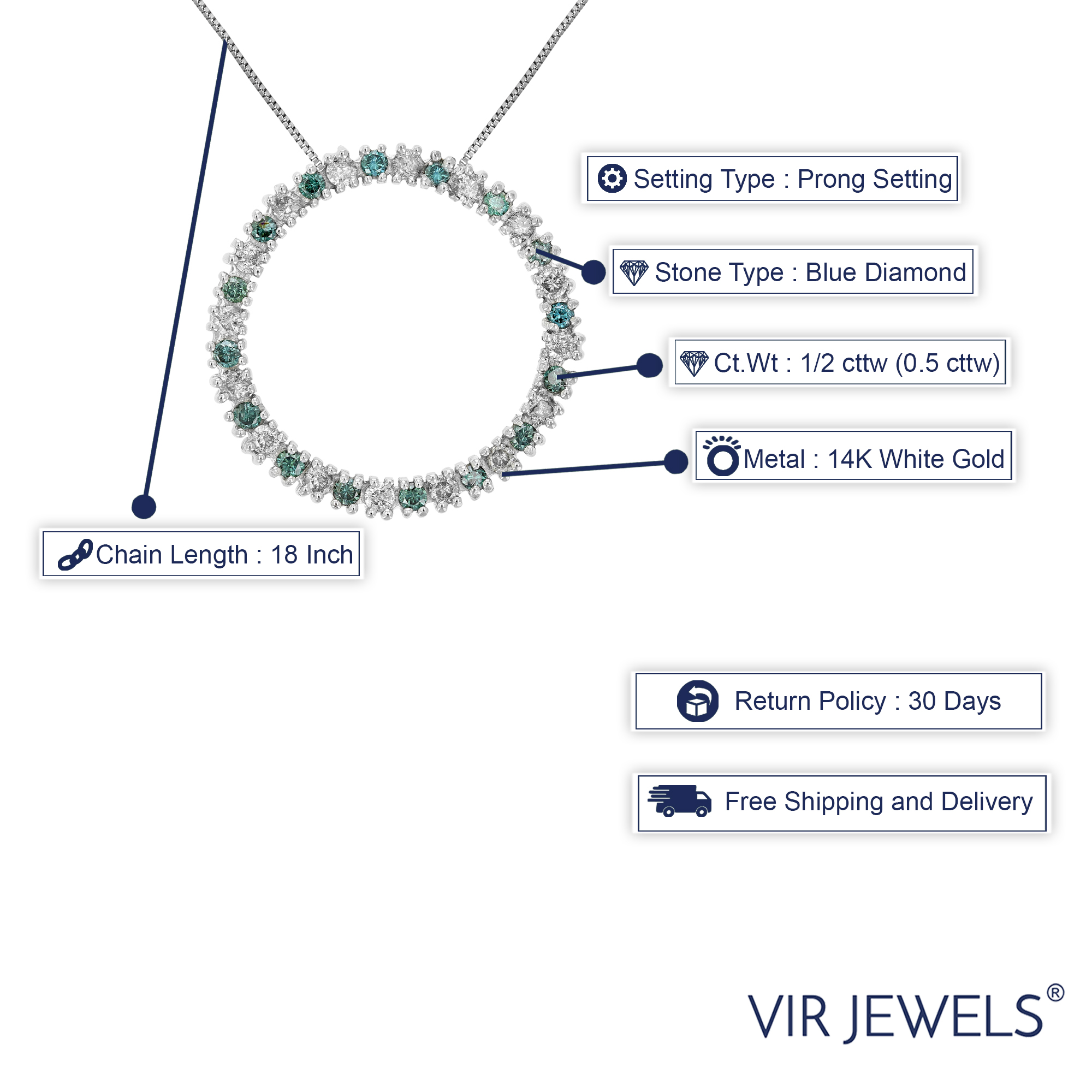 Vir Jewels 1/2 CTTW Blue and White Diamond Pendant Necklace for Women 14K White Gold 1/2 Inch