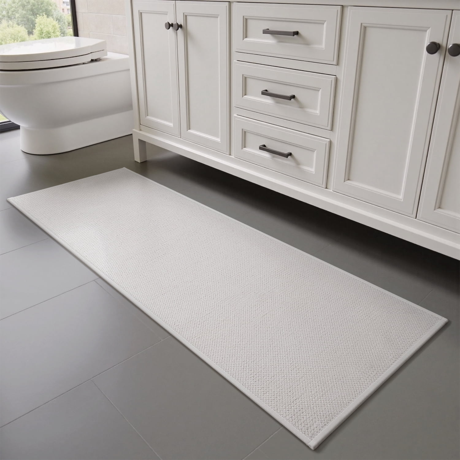 FEELHOME Bathroom Rug Non Slip Absorbent Bath Mat Woven Quick Dry Machine Washable Bathroom Mat with Rubber Backing Ultra Thin Bathroom Rugs Fit Under Door 17"x30" White