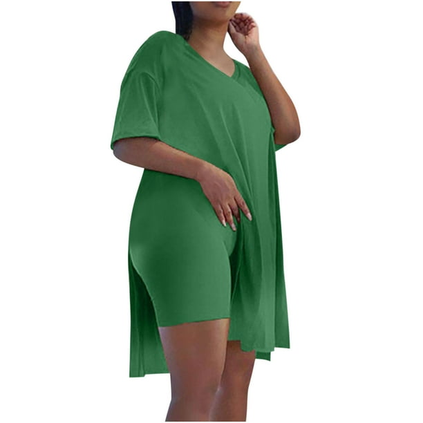 Mujeres Casual Tallas grandes Trajes de 2 piezas Manga corta Tops sueltos Flacos con cuello en V Biker Shorts Conjuntos Chándales Pompotops qwe22909