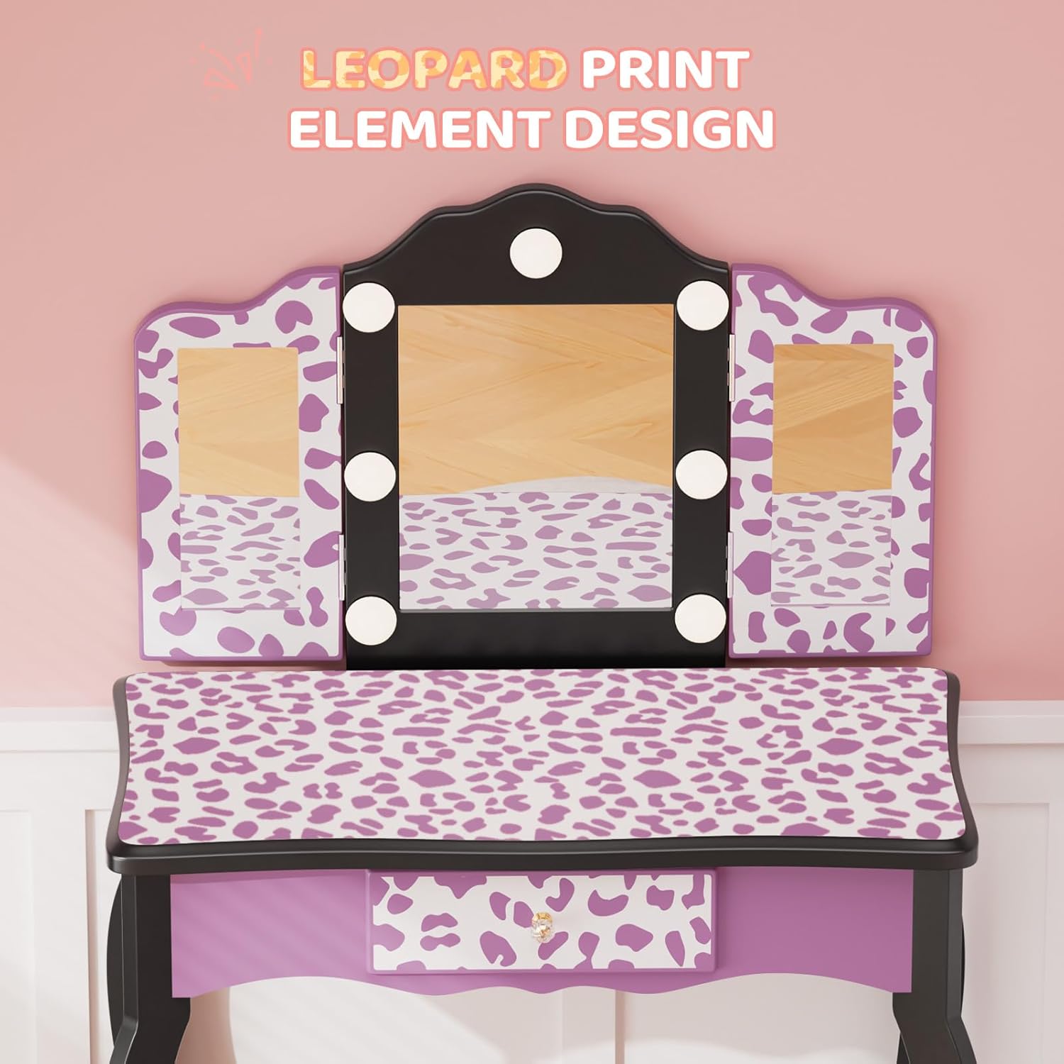 Matladin Kids Vanity Table and Chair Set with Leopard Print, Tri-Fold Mirror & Lights, Girls Vanity, Princess Makeup Desk for Girls