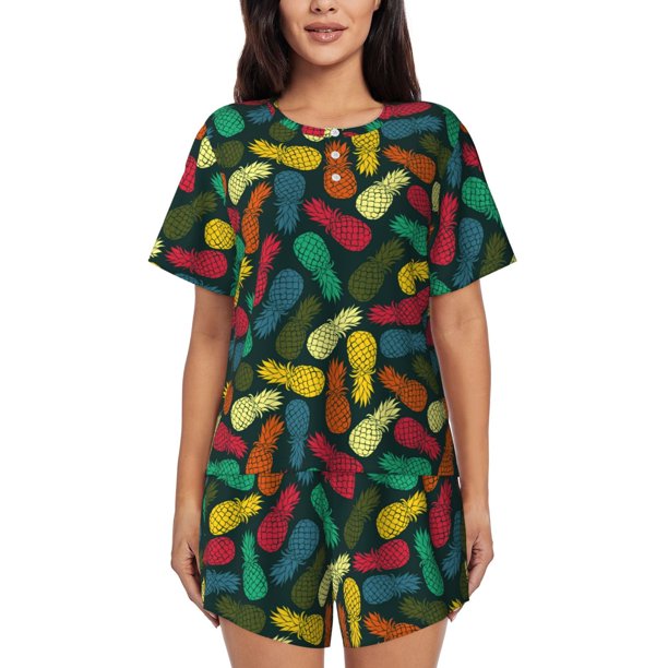 Balery Pineapple Fruit Colorful Conjunto de Pijama para Mujer con Estampado, Dos Piezas de Manga Corta y Shorts, Ropa de Dormir Suave con Cuello Redondo y Bolsillos-Small