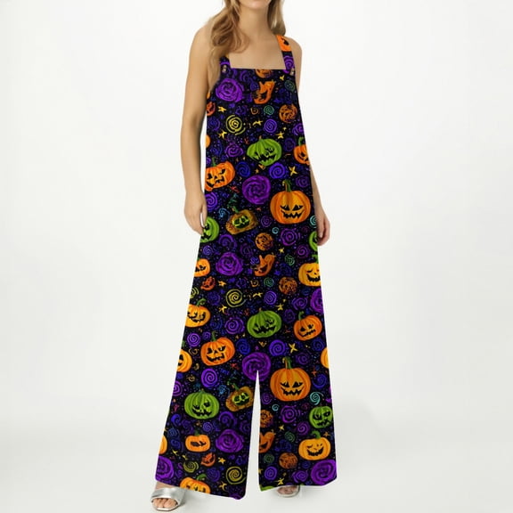 Womens Halloween Jumpsuits Skull Spiderweb Halter Backless Spooky Rompers Witch Hat Ghost Sleeveless Horror Overalls, XL