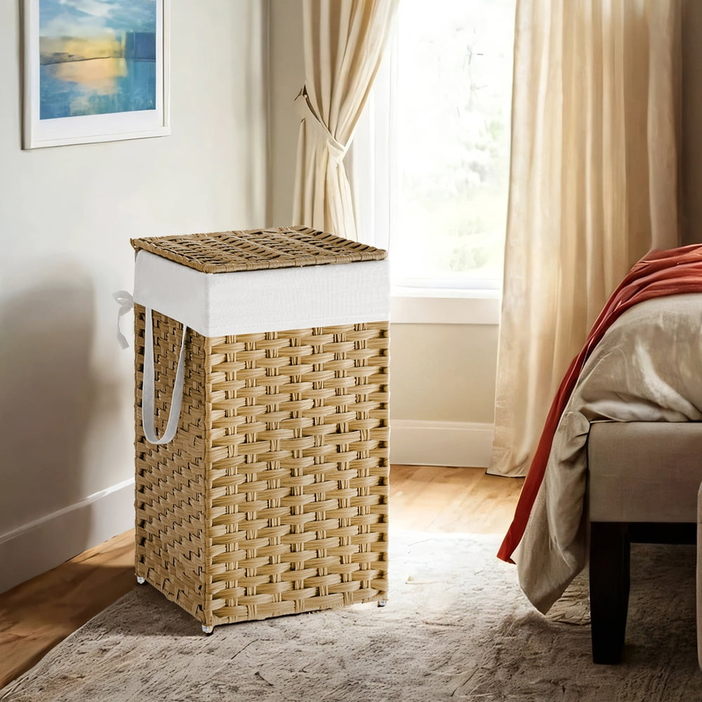 LEDREM Foldable Laundry Hamper with Lid, 17.2 Gallon Capacity Synthetic Rattan Basket, Removable Washable Liner, 23.6 Inch, Goose Yellow