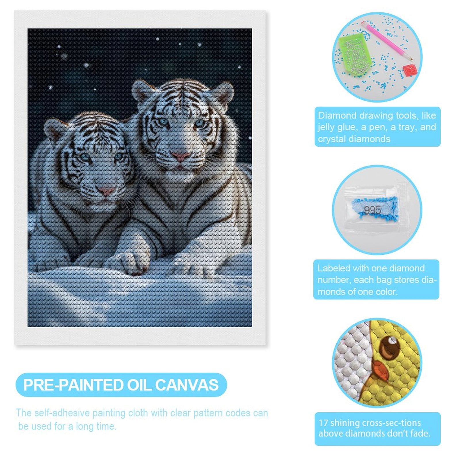 Diamond Art Kits for Adults, White Tigers Snowy Duo Serenity 5D Diamond Painting Kits for Adults Beginners, DIY Full Drill Diamond Painting, Gem Art and Crafts 12x16