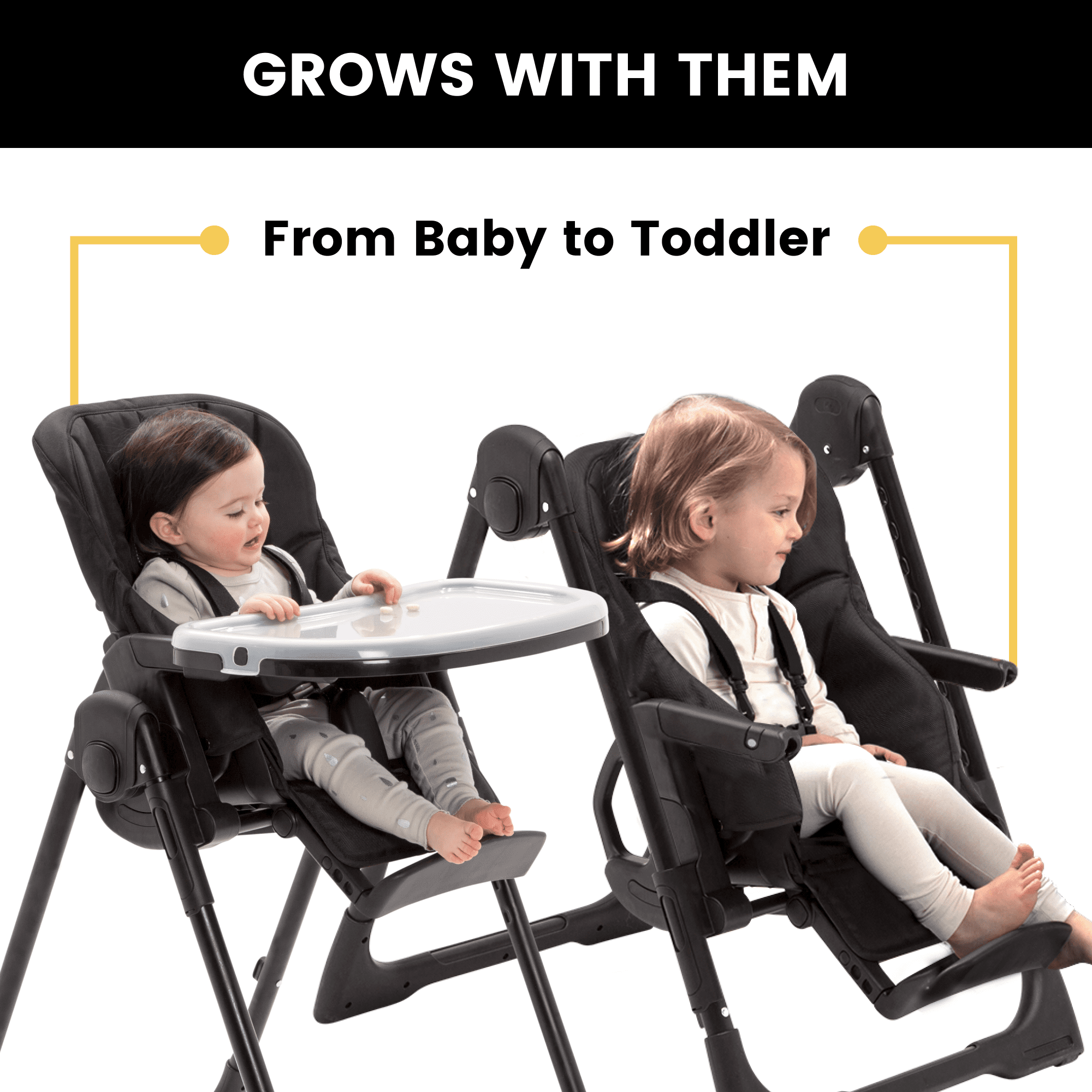 Jeep by Delta Children Classic Convertible 2-in-1 High Chair for Babies and Toddlers with Adjustable Height, Recline & Footrest - Dishwasher Safe Meal Tray, Black